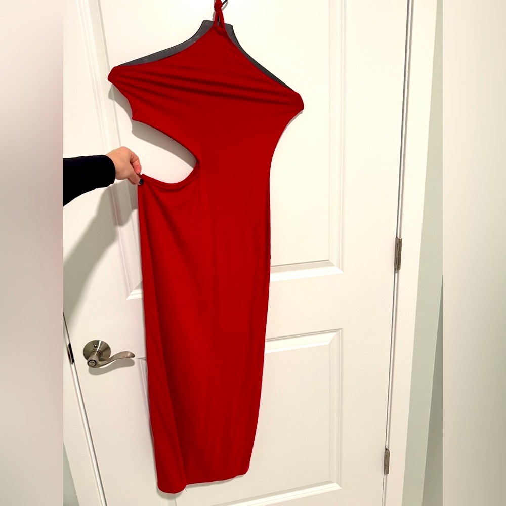 Reformation Net Sustain Helio Cutout Red Halter Dress without Rhinestone Chain - Picture 6 of 7